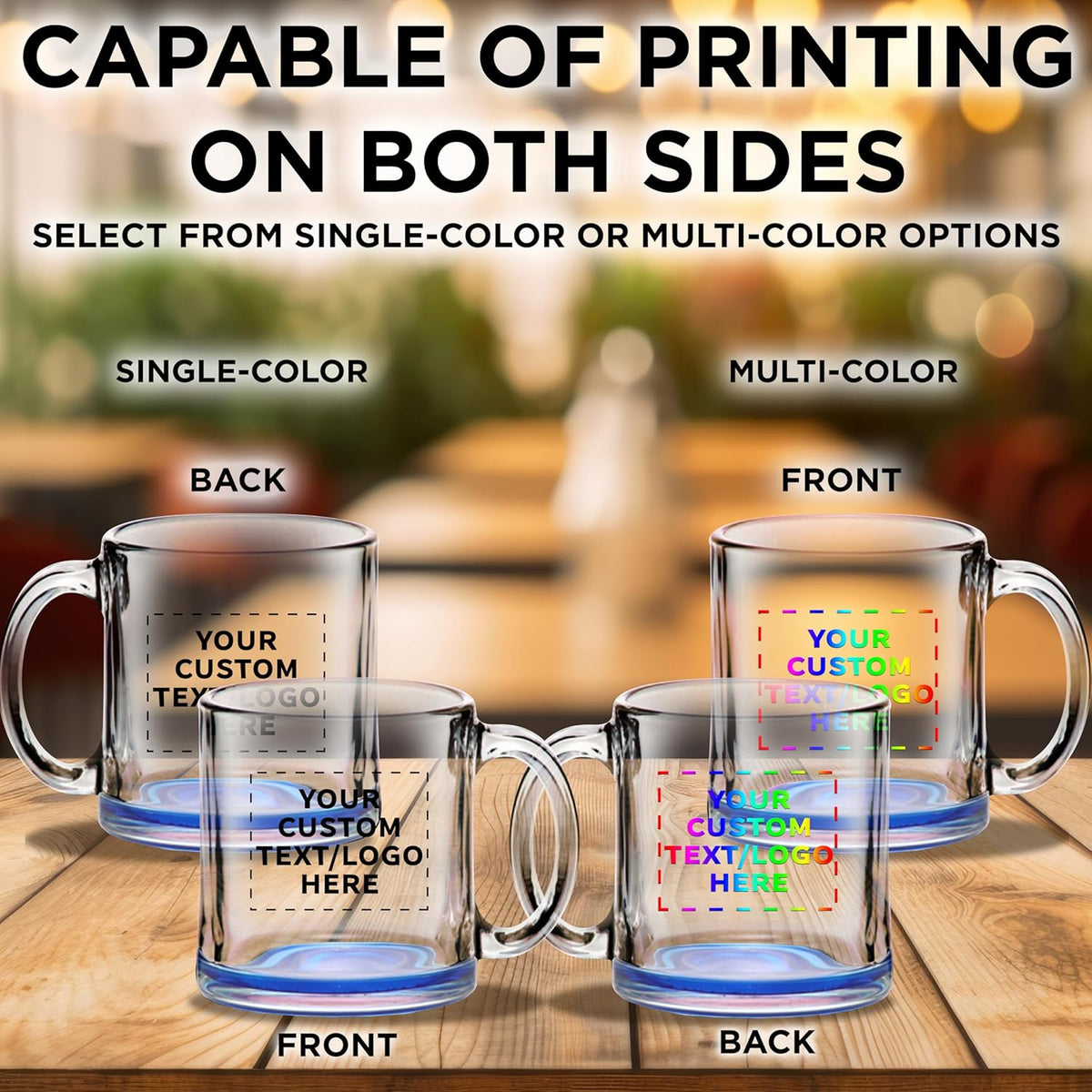 Custom Clear Glass Coffee Mugs 13 oz. Set of 100, Personalized Bulk Pack - Perfect for Coffee, Tea, Espresso, Hot Cocoa, Other Beverages - Blue Bottom