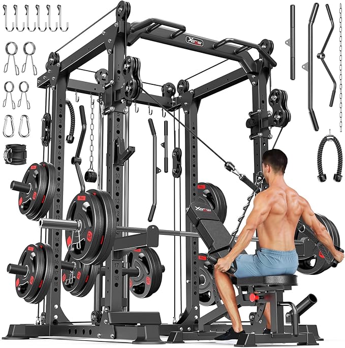 Power Cages Multi-Purpose Squat Rack with Cable Crossover System, Matching Weight Bench, Olympic Barbell Weight Set for Garage and Home Gyms