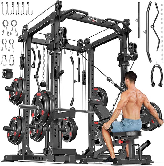 Power Cages Multi-Purpose Squat Rack with Cable Crossover System, Matching Weight Bench, Olympic Barbell Weight Set for Garage and Home Gyms