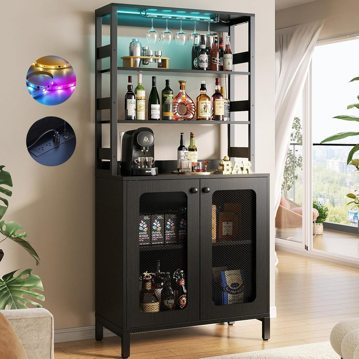 Aheaplus Bar Cabinet with Power Outlets, 67" Tall Wine Bar Cabinet Liquor Cabinets with LED Lights and Glass Holder, Coffee Bars Station for Living Room, Microwave Stand Bakers Rack Cabinets, Black