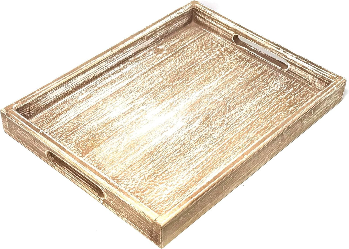 Allgala Wooden Tray - 17"x13"x2" Vintage Beige Rectangle Stylish Rustic Farmhouse Decor Serving Platter