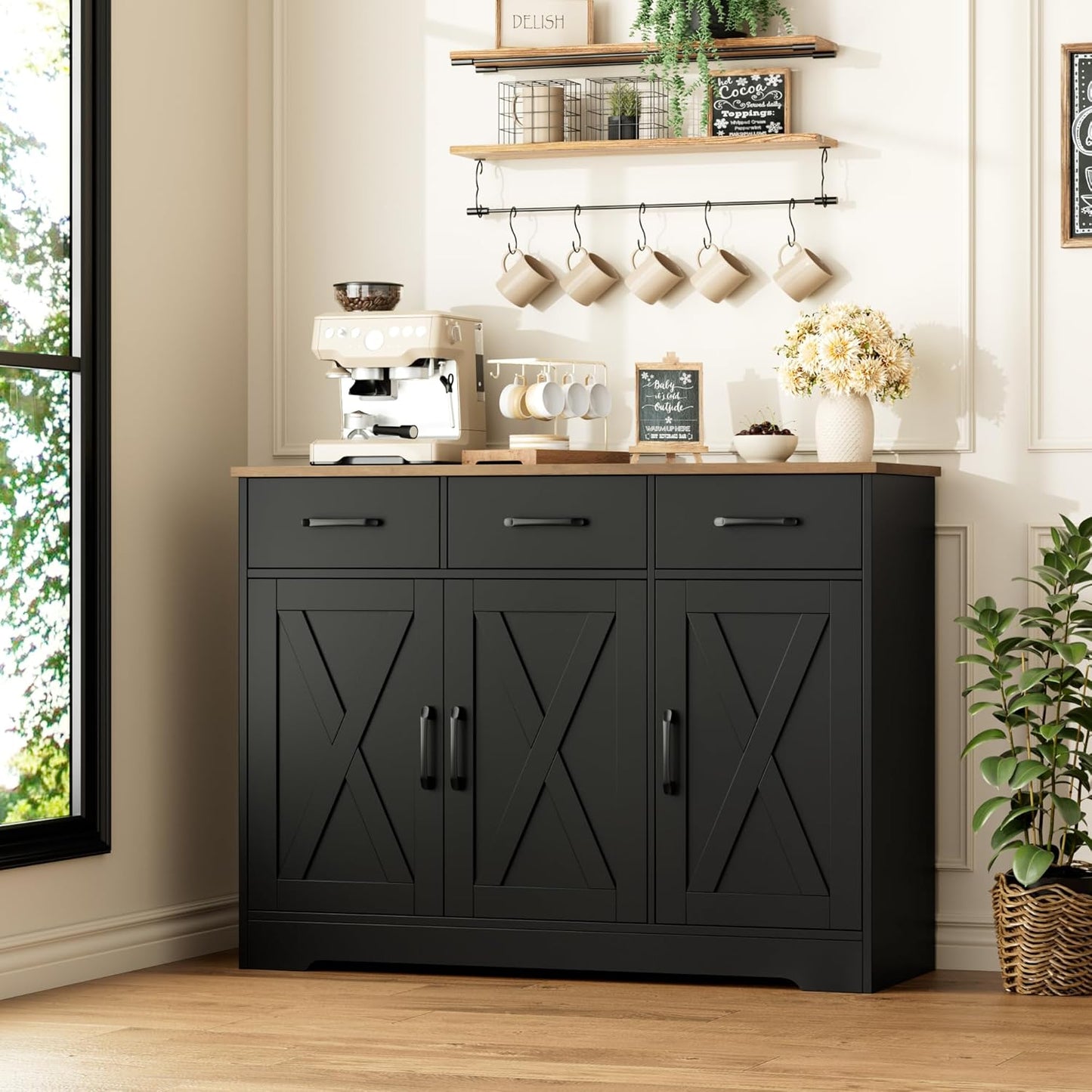 HOSTACK Modern Farmhouse Buffet Sideboard Cabinet, Barn Doors Storage Cabinet with Drawers and Shelves, Wood Coffee Bar with Storage for Dining Room, Kitchen, Living Room, Black/Rustic Brown