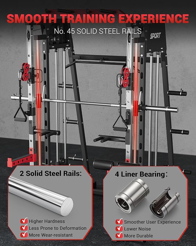 Smith Machine Home Gym All in One, 2200LBS Squat Rack Power Cage with Smith Bar, LAT Pull-Down, Cable Systems, Leg Hold-Down and More Attachments, Workout Equipment (Red Black)