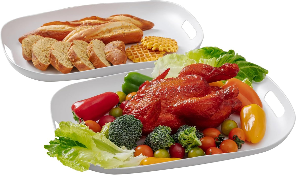 Extra Large Serving Platter, Set of 2, 18.75 x 14.375 x 2 Inch Large Melamine Serving Tray with Handle,Rectangular Serving Trays for Party, Big Turkey Platter, Dishwasher Safe, Matte White