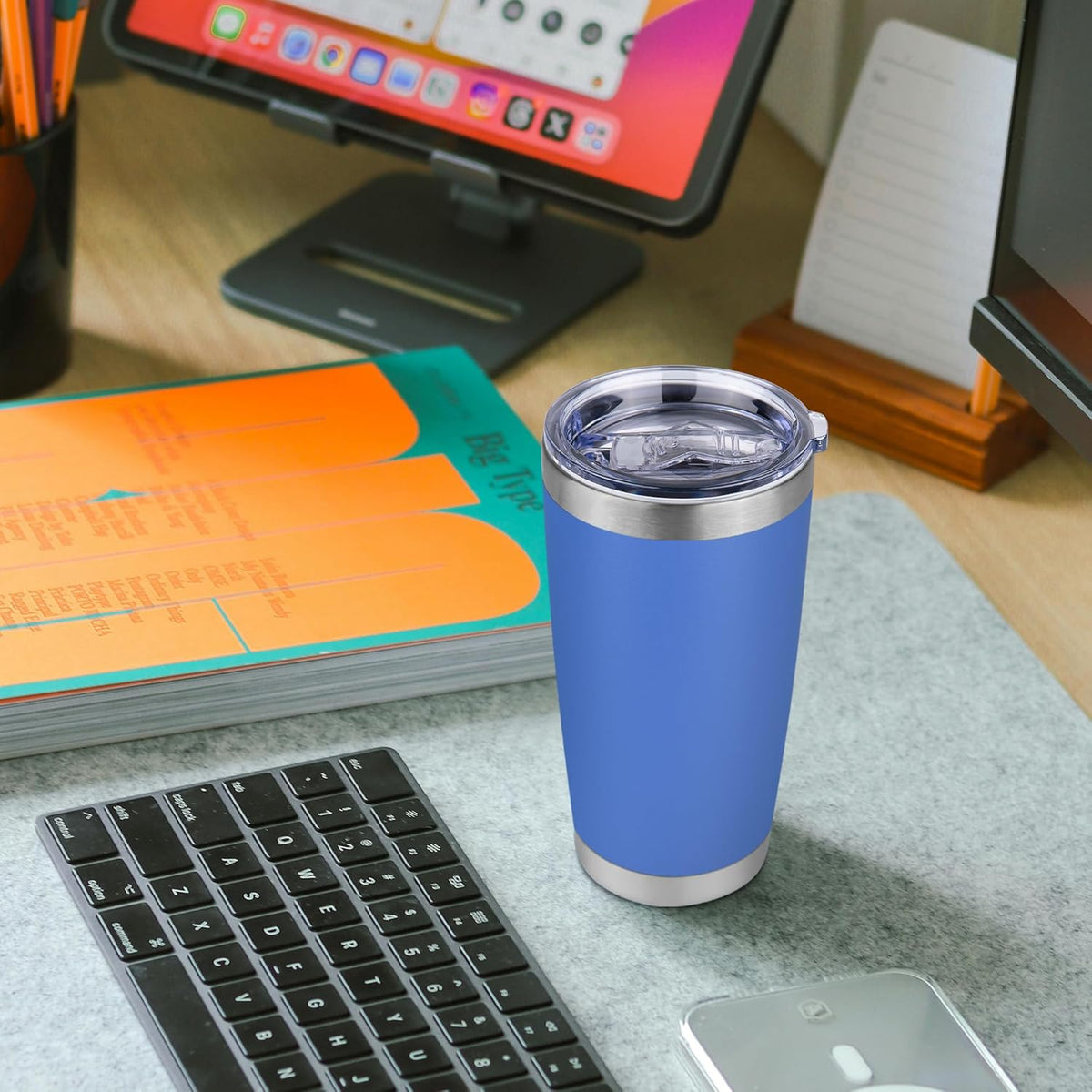 20 oz Tumbler Stainless Steel Tumblers Bulk with Lid Double Wall Insulated Coffee Tumbler Cups for Hot & Cold Drinks Powder Coated Travel Coffee Tumbler Mug Metal (Azure, 1 pack)