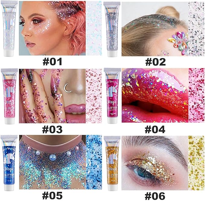 6PCS Pink Face Body Glitter Gel，Mermaid Holographic Sequins Chunky Glitter Paint for Party Singer Concerts Music Festival Rave Accessories for Girls Women Face Body Hair Sparkling Makeup