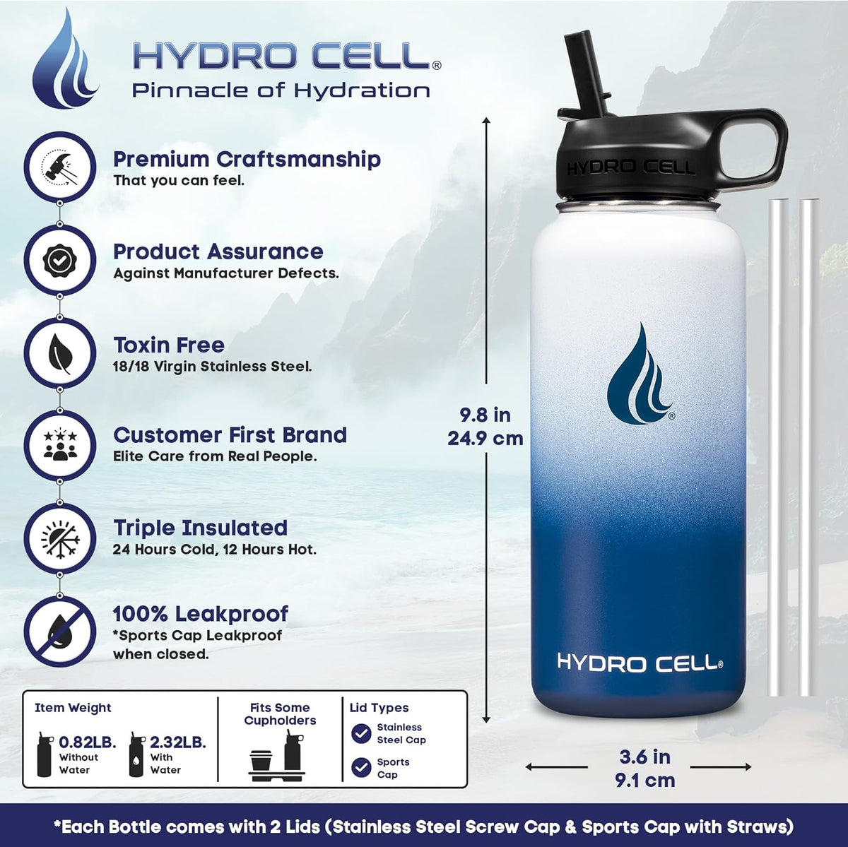 HYDRO CELL Stainless Steel Insulated Water Bottle with Straw - For Cold & Hot Drinks - Metal Vacuum Flask with Screw Cap and Modern Leakproof Sport Thermos for Adults (Navy/White 32oz)