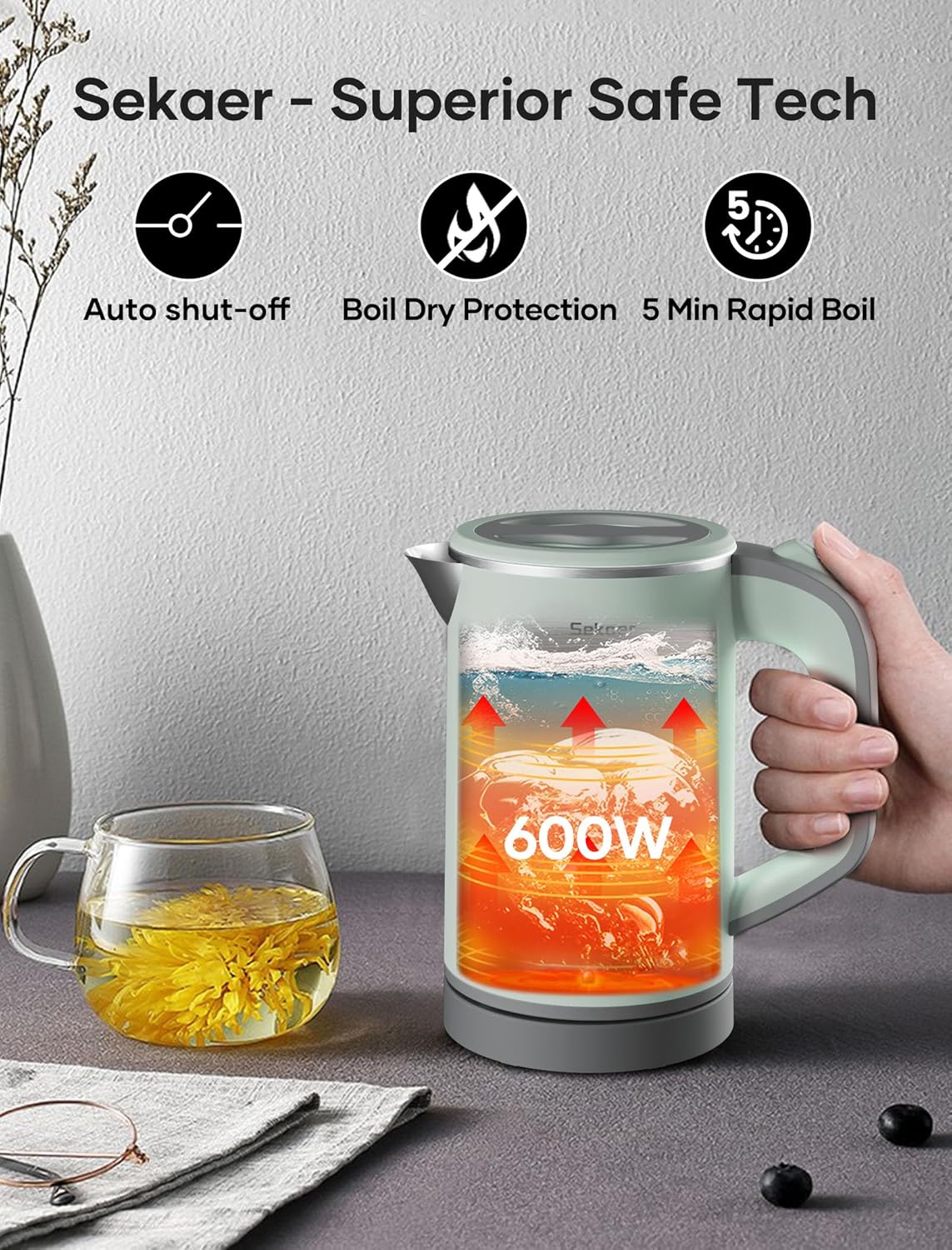 Sekaer Small Electric Tea Kettle Stainless Steel 0.8L Portable Travel Hot Water Boiler, Mini Electric Coffee Kettle with Auto Shut-Off & Boil Dry Protection, Cordless Base & Green