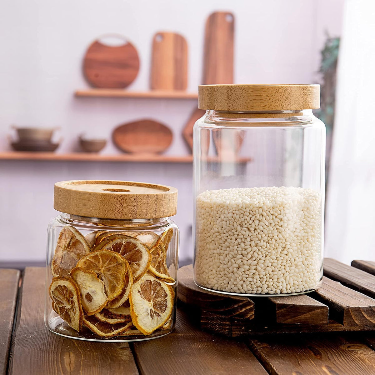 480 ml / 16 oz clear cute glass storage canister holder with airtight bamboo lid, modern decorative small container jar for coffee, spice, candy, salt, cookie, condiment, pepper, sugar