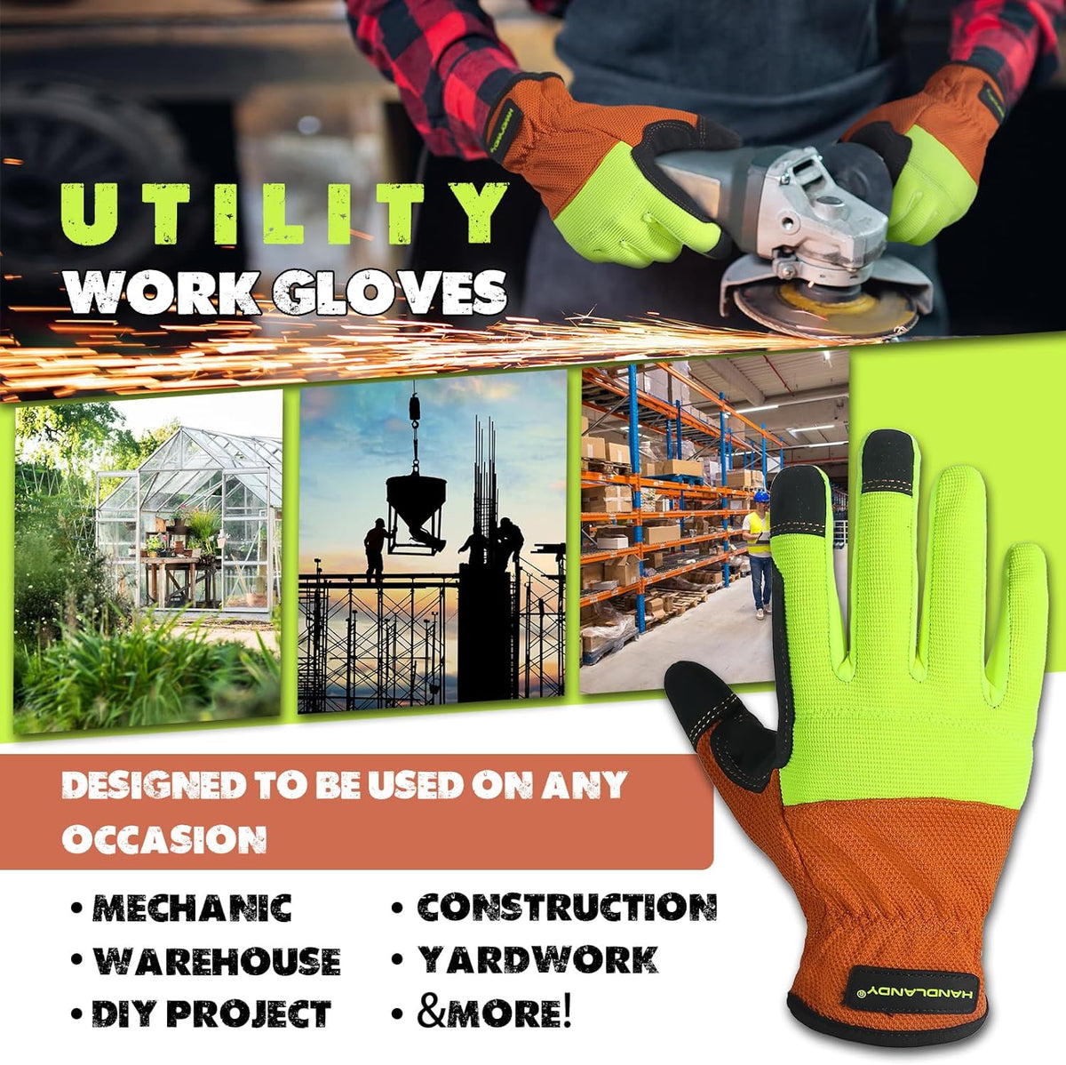 HANDLANDY Work Gloves for Men & Women, Utility Mechanic Working Gloves Touch Screen, Flexible Yard Work Gloves