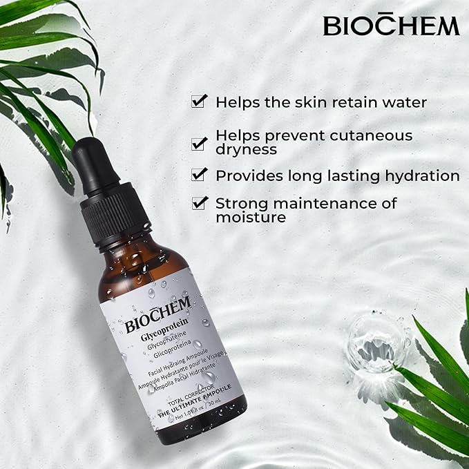 BIOCHEM Glycoprotein Hydrating Serum Ampoule – Deep Moisture + Skin Repair with Marine Glycoproteins & Hyaluronic Acid – Anti‑Aging Plumping Facial Serum, Sensitive Skin Safe, 1.01 fl oz / 30 mL
