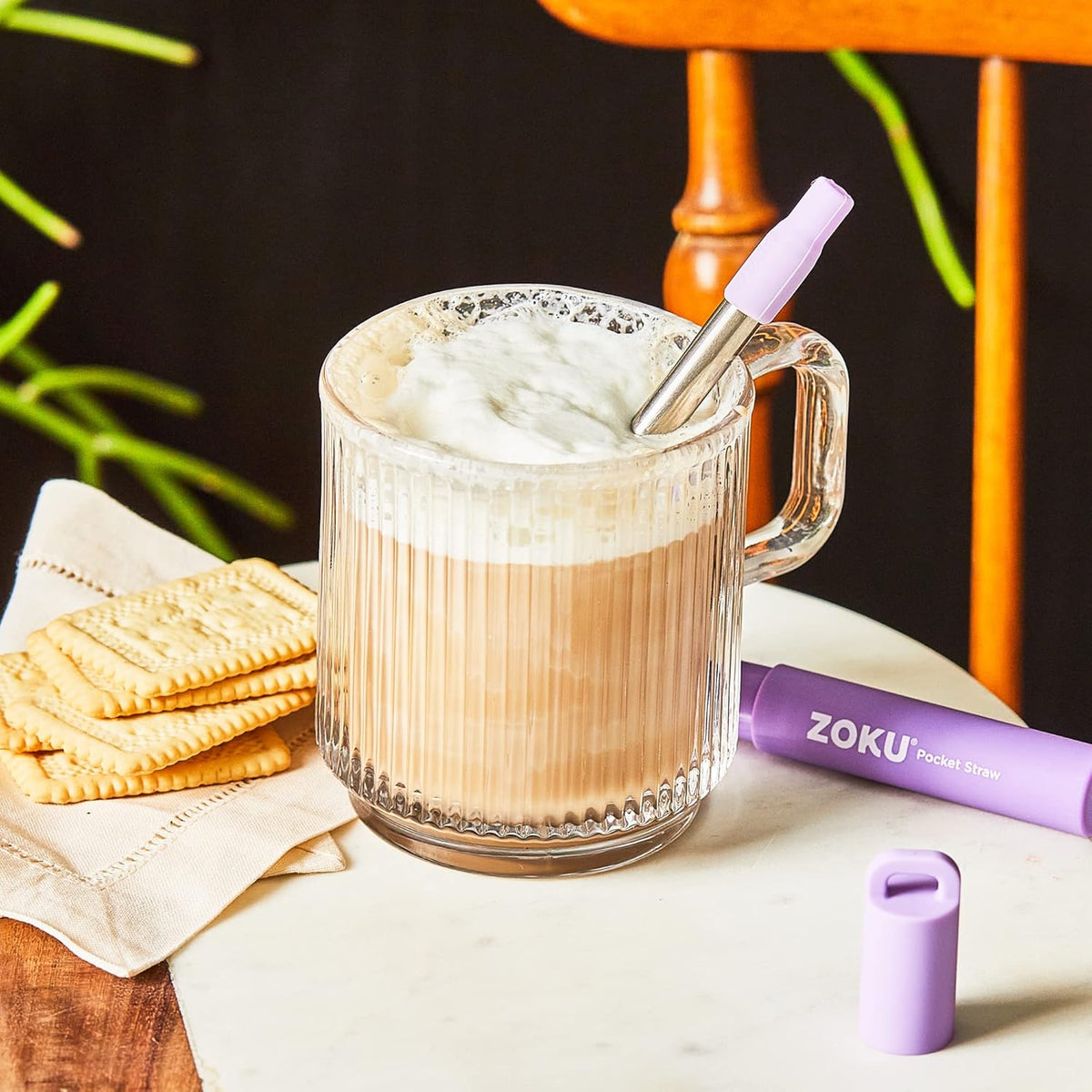ZOKU Reusable Metal Straw with Case for Travel, Purple - Collapsible Stainless Steel Drinking Straw with Silicone Tip and Cleaner Brush, Ideal for Key Chains, Pockets, Purses