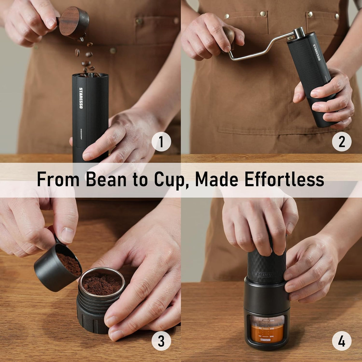 STARESSO Portable Espresso Maker & Coffee Bean Grinder Set with Carrying Bag, Manual Travel Coffee Maker + Burr Coffee Grinder, Waterproof Easy-Carry, Perfect for Travel Camping Hiking On-The-Go
