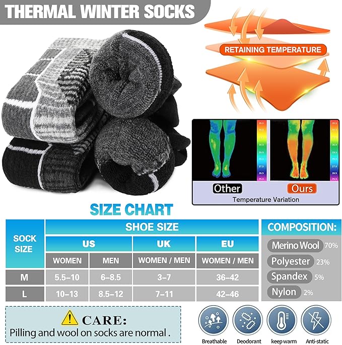 Anlisim 3 Pairs Unisex Merino Wool Ski Thermal Warm Thick Knee High Long Socks