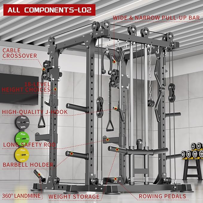 Power Cage Multi-Function Power Rack with Cable Crossover System,1800 LBS Capacity Squat Rack with Weight Bench,for Home Gym