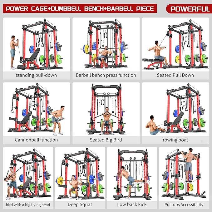 Power Cage Multi-Function Power Rack with Cable Crossover System,1800 LBS Capacity Squat Rack with Weight Bench,for Home Gym