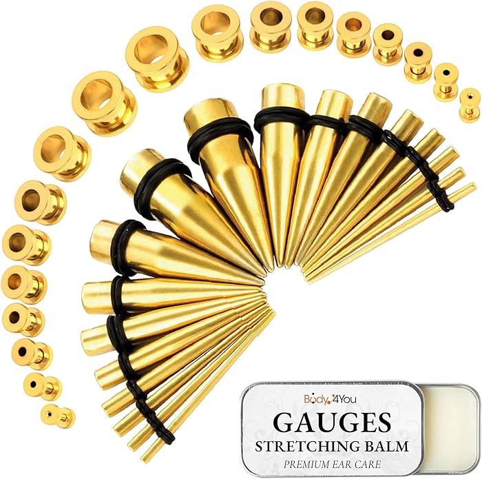 BodyJ4You 37PC Ear Stretching Kit - Beginner Gauges 14G-00G Starter Set - Aftercare Balm Wax - Steel Tapers Single Flare Plugs Screw Fit Tunnels - Women Eyelet Mens Earrings Expander Piercing Jewelry