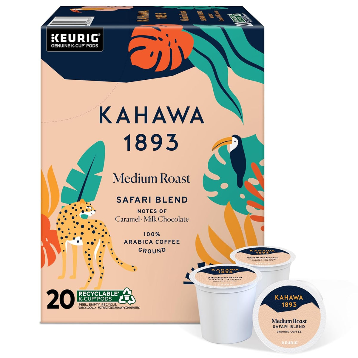 Kahawa 1893 Medium Roast Coffee K-Cup Pods Safari Blend (20 Count) - As Seen on Shark Tank, High Antioxidants, Naturally Sweet, Organically Grown & Cultivated, Ethically & Sustainably Sourced