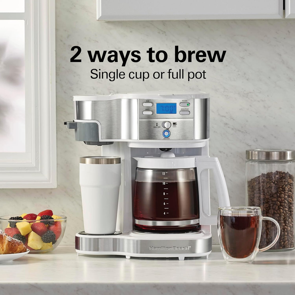 Hamilton Beach 49933 2-Way 12 Cup Programmable Drip Coffee Maker & Single Serve Machine, Glass Carafe, Auto Pause and Pour, White