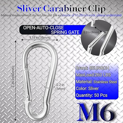 50 Pack Sliver Carabiner Clips, 2.36 Inch Heavy Duty Spring Snap Hooks - Small Locking Carabiners for Camping, Hiking, Hammocks, Swing Sets, Keychains, Fishing & Outdoor Gear