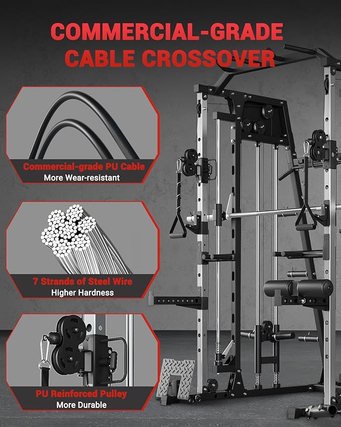 Smith Machine Home Gym All in One, 2200LBS Squat Rack Power Cage with Smith Bar, LAT Pull-Down, Cable Systems, Leg Hold-Down and More Attachments, Workout Equipment (Red Black)