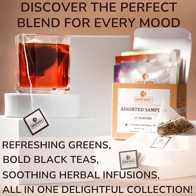 BREWIX Premium Assorted Tea Sampler Gift Box (15 Pyramid Individually Wrapped Tea Bags) | Herbal Tea, Black Tea, Green Tea | Tea Gift Set & Variety Pack | Gifts for Women & Men, Tea Set