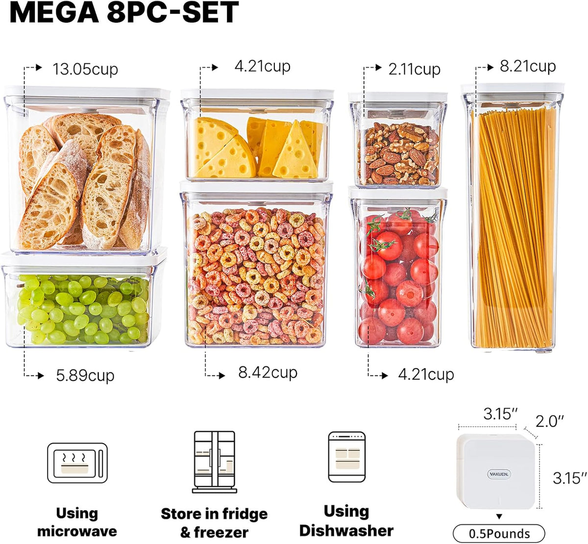 VAKUEN Premium Airtight Food Storage Containers Mega 8P/Set. Total 46.11cup, 7pcs Container and Vacuum Sealer. Smart One-Click Seal Lid, Patented Double Silicone Lining, 100% Leak Proof, BPA-FREE