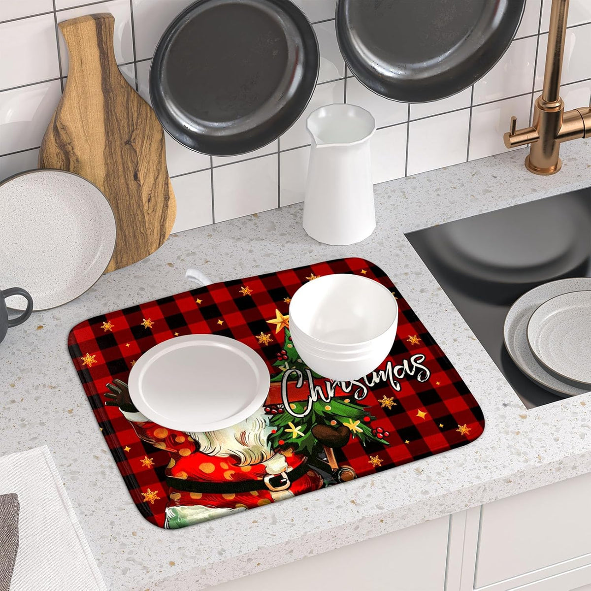 Merry Christmas Santa Claus Red Buffalo Plaid Dish Drying Mat for Kitchen Counter,Winter Snowflake Xmas Tree Drying Mat 16 x 18 Inch with Absorbent Reversible Microfiber Dish Drying Pad for Coffee Bar