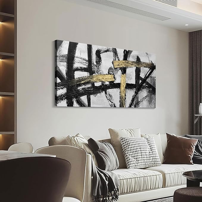Black White and Gold Wall Art, Modern Paintings Abstract Graffiti Canvas Prints Artwork Black Grey Wall Pictures for Living Room Bedroom Bathroom Home Office Decor 20x40 In