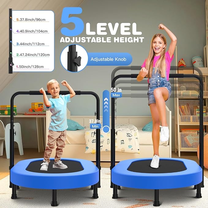 ANCHEER 56" Double Mini Trampoline for Kids, Mini Rebounder with 5-Level Adjustable Handle, Parent-Child Trampoline for Kids, Max Load 220lbs, Fun for Indoor/Outdoor