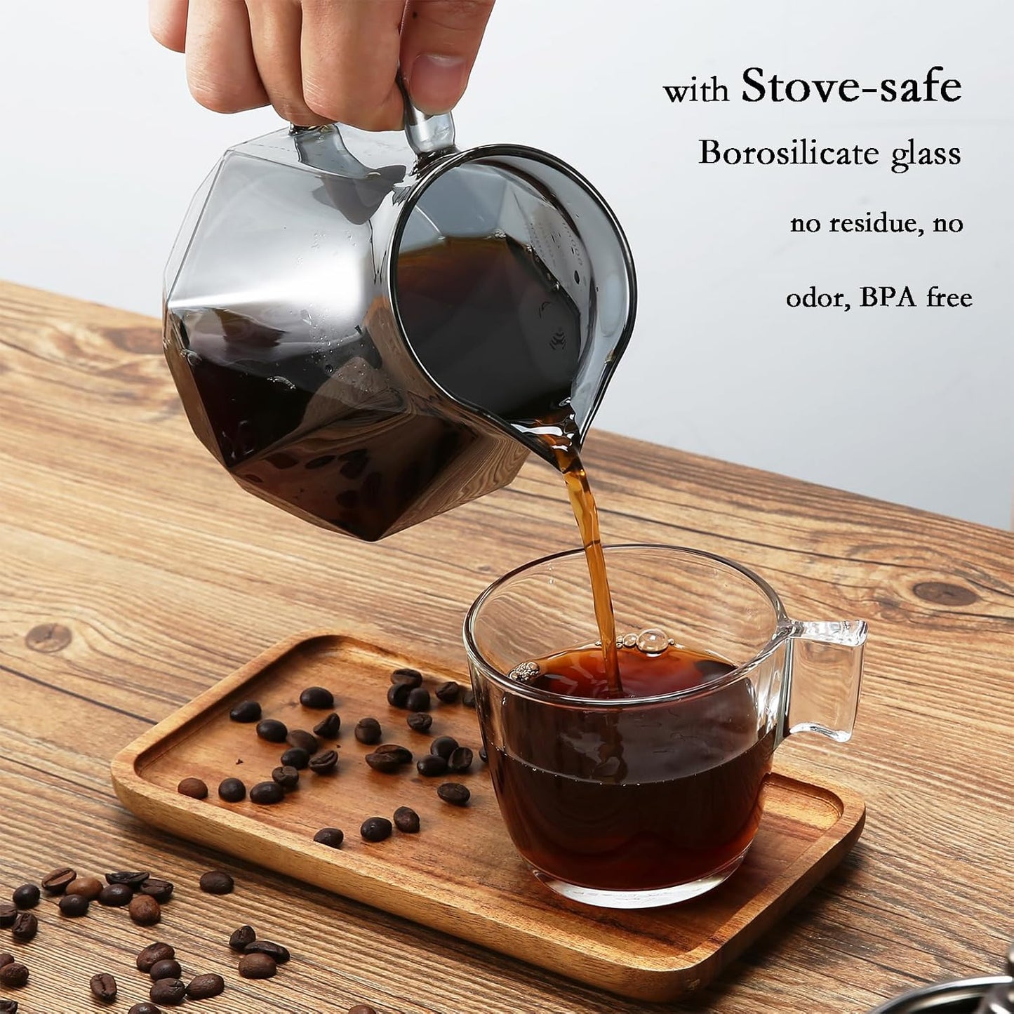 Pour Over Coffee Maker, 20 oz Borosilicate Glass Carafe with 100 pcs V60 Paper Filter, Walnut Handle & Glass Lid, Drip Coffee Maker for Home Café Restaurant Camping, 600 ml, Gray