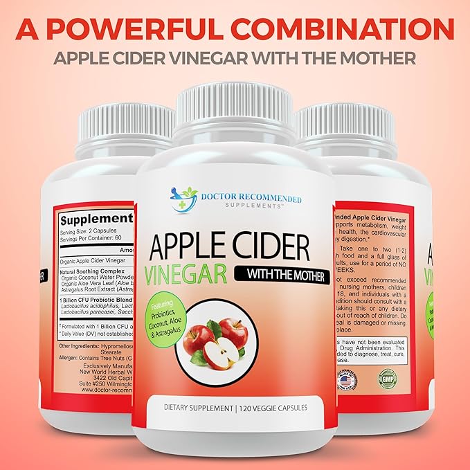 Apple Cider Vinegar Capsules - (120 Veggie Capsules) Organic ACV Supplement with Probiotics - 1500mg per Serving - Supports General Wellness & Digestive Balance - Non-GMO, Made in USA