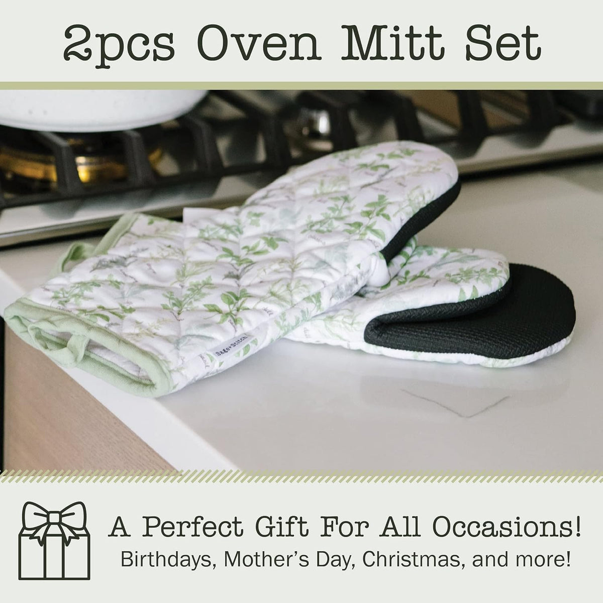 Heat Resistant Designer Kitchen Oven Mitts with Neoprene Non-Slip Grips and Hanging Loops | Set of 2 100% Cotton Long Sleeve Kitchen Oven Mitts | 5.5" x 12" | Green Herbs