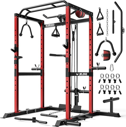 S21 Power Cage, Multi-Function Power Rack with Adjustable Cable Crossover System, 2000LBS Squat Rack for Home Gym with More Training Attachments