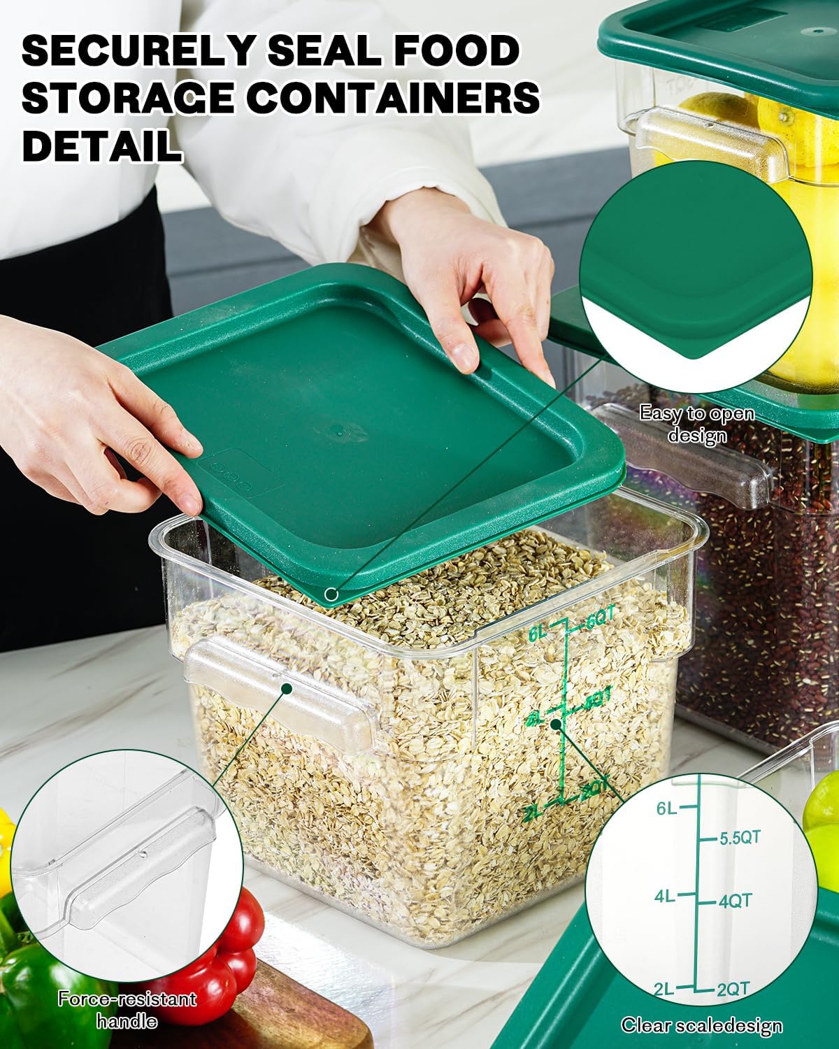 4QT NSF Food Storage Containers with Lids: 4 PCS [Total Food Grade][Hot&Cold Resistant] Commercial Clear Food Storage Containers for Restaurant Kitchen Proof Dough, Measuring Spoons Included(Green)
