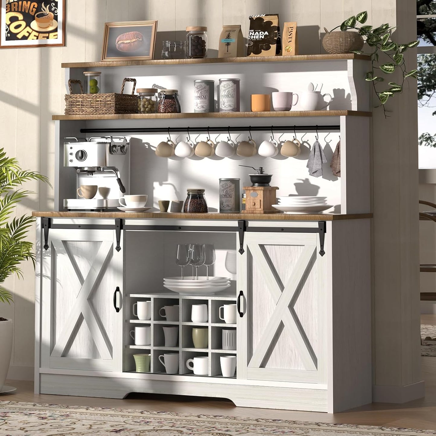 55'' Farmhouse Coffee Bar Cabinet with 3 Tier Storage Hutch, Coffee Bar Station with Sliding Barn Door, Hutch Storage Cabinet with 12 Wine Racks & 9 Hooks for Kitchen Dining Living Room