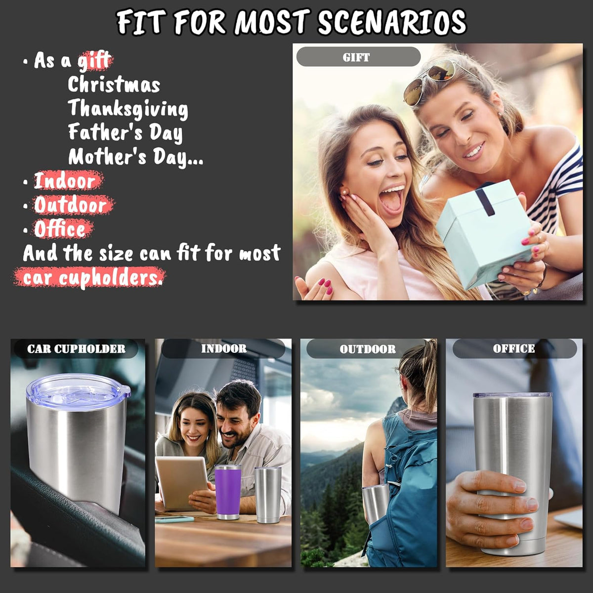 20 oz Tumbler with lid Double Wall Vacuum Insulated Tumblers Stainless Steel Coffee Mug Travel Coffee Tumbler Powder Coated Tumbler Cup Keep Hot&Cold - (Stainless 1 Pack)