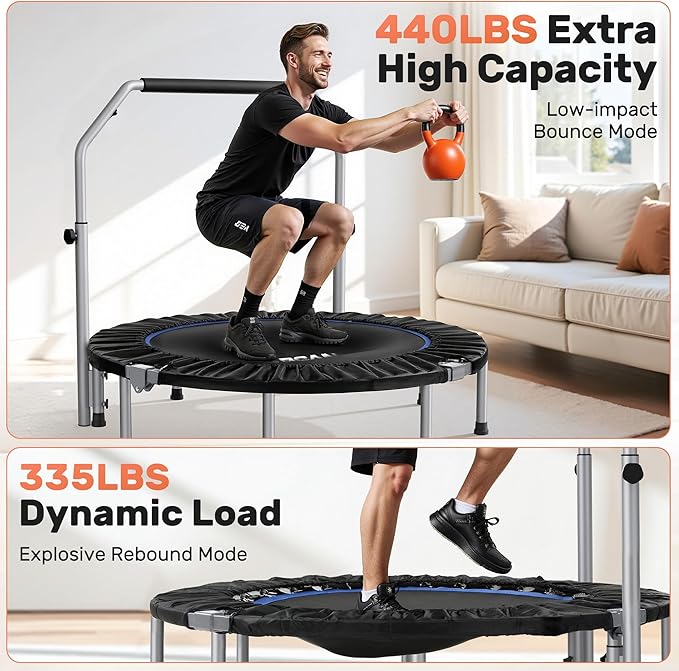BCAN 40/48" Foldable Mini Trampoline Max Load 330lbs/440lbs, Fitness Rebounder with Adjustable Foam Handle, Exercise Trampoline for Adults Indoor/Garden Workout