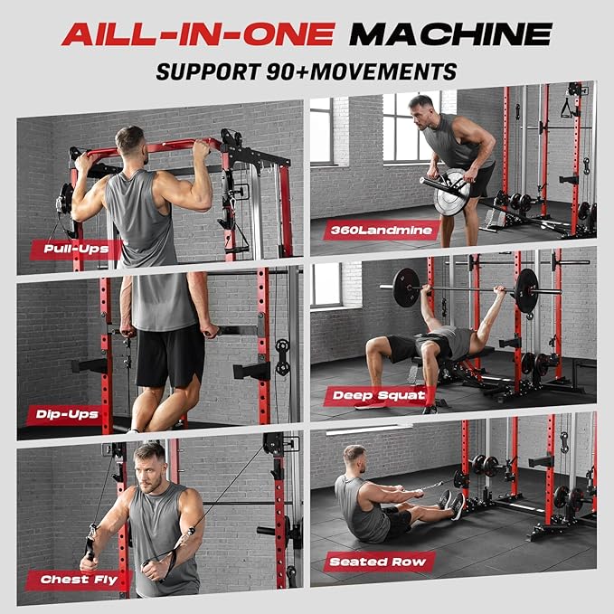 Smith Machine Home Gym, Multi-Function Power Cage with Dual Pulley Cable Crossover System, All-in-One Squat Rack with Smith Bar and Strength Training Attachments for Full-Body Workouts