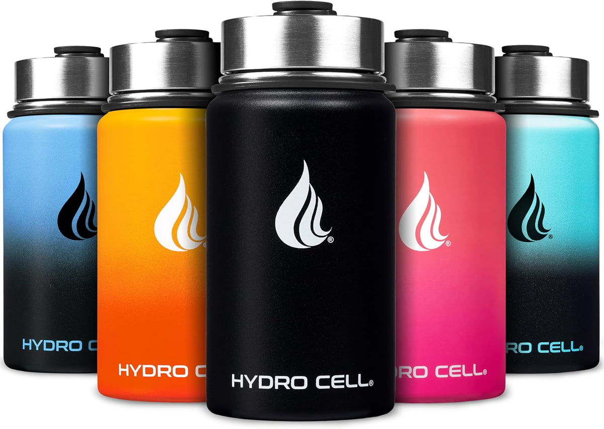 HYDRO CELL Stainless Steel Insulated Water Bottle with Straw - For Cold & Hot Drinks - Metal Vacuum Flask with Screw Cap and Modern Leakproof Sport Thermos for Adults (Black 14oz)