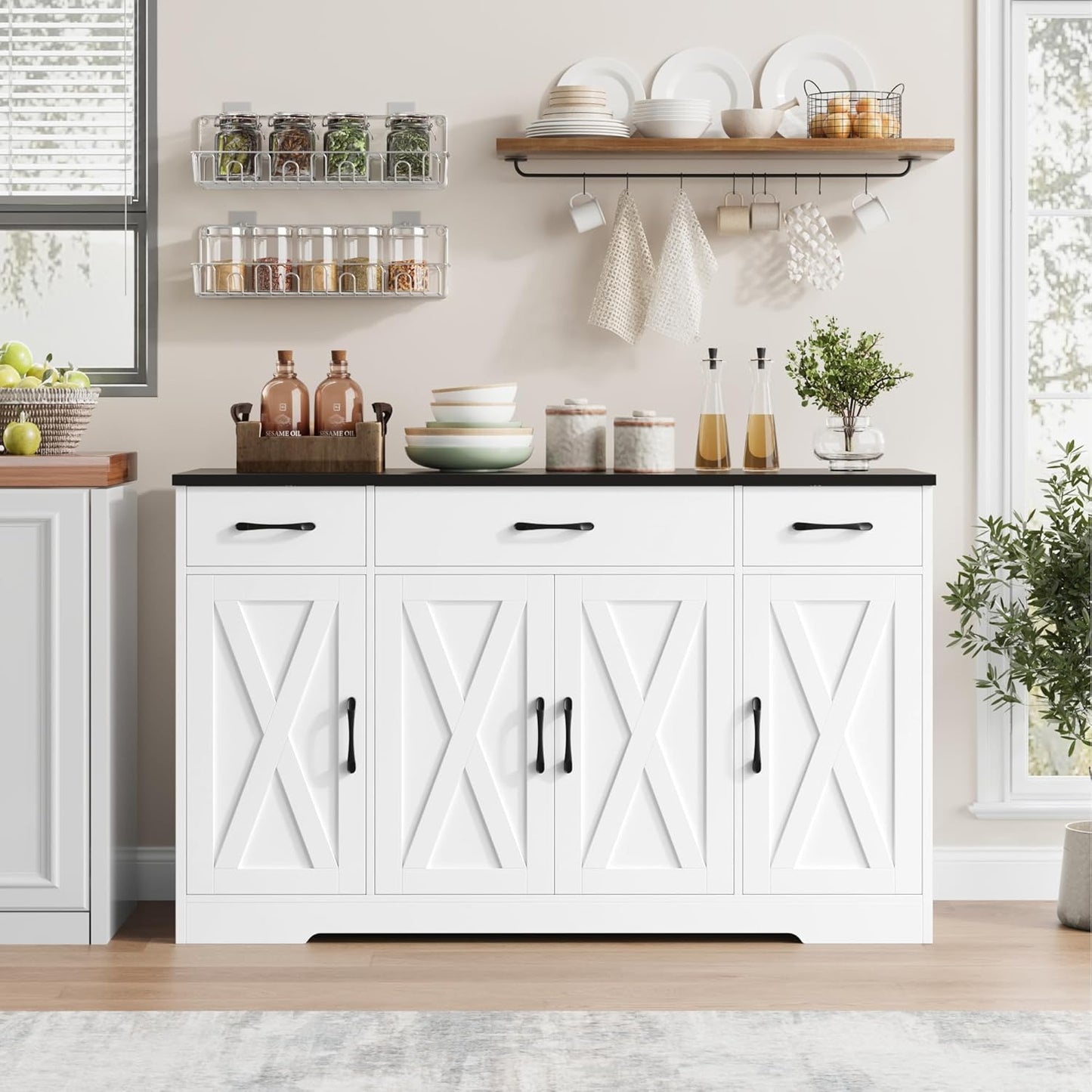 HOSTACK Buffet Sideboard Cabinet with Drawers, 55" Large Buffet Storage Cabinet with Shelves and Doors, Modern Farmhouse Coffee Bar Station Wood Kitchen Table for Kitchen, Dining Room, White/Black