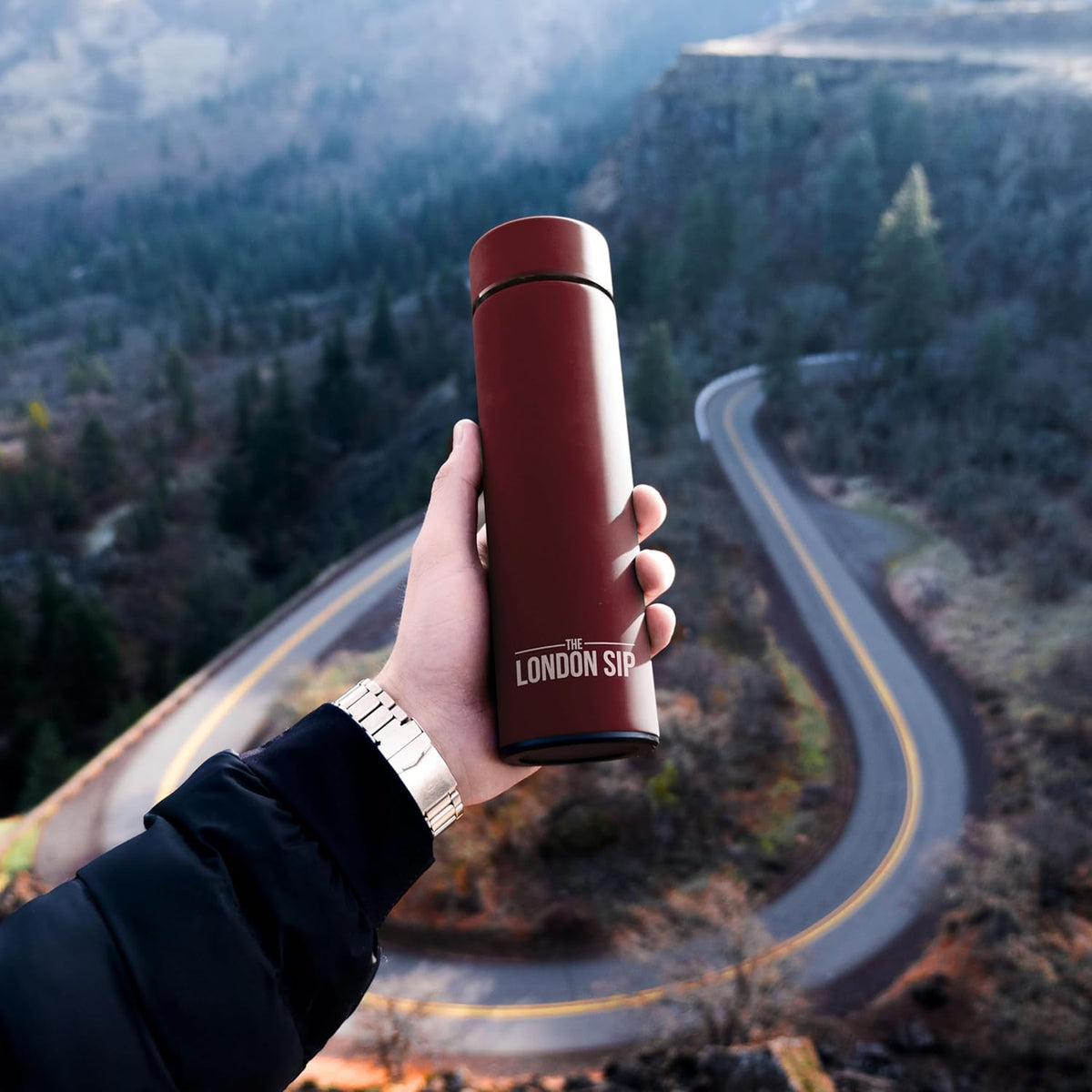 London Sip Multi-Purpose Travel Mug and Tumbler Fruit Infused Flask Hot and Cold Double Wall Stainless Steel Thermos with Extra-Long Infuser, Sacred Red