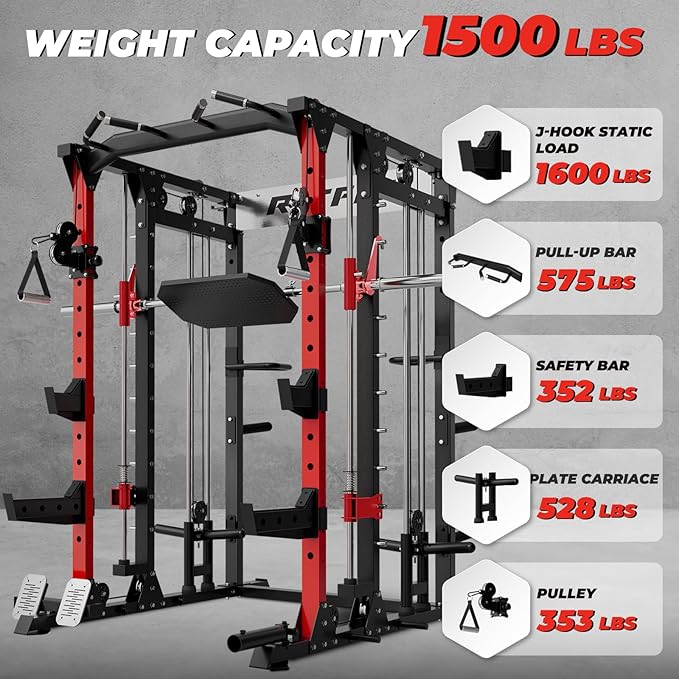 RitFit Smith Machine Power Cage with LAT Pulldown & Cable Crossover, All-in-One Power Rack Home Gym System with Leg Press Attachment & Accessories