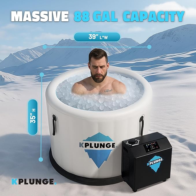 Arctic Fox 39" 1-Person Inflatable Cold Plunge Ice Bath or Hot Tub with 1 HP Chiller and Heater, PVC Insulated Lid, Hand Pump, Repair Kit, 88-Gallon Capacity, Indoor/Outdoor Tub – Gray