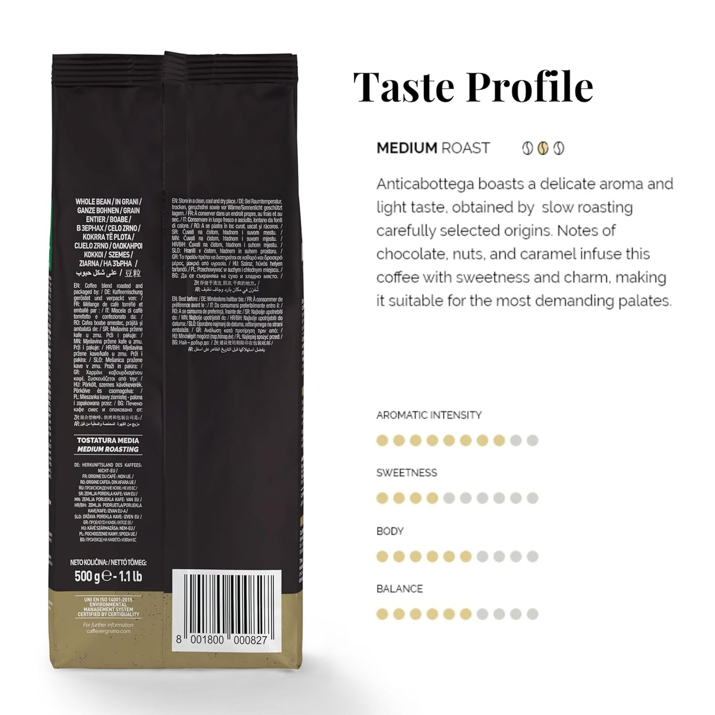 Caffe Vergnano 1882 Granaroma, Espresso, & Antica Bottega Whole Bean Arabica Medium Espresso Roast Coffee, 1.1lbs Bag - Italian Coffee Beans -500g Bag (3 Pk)
