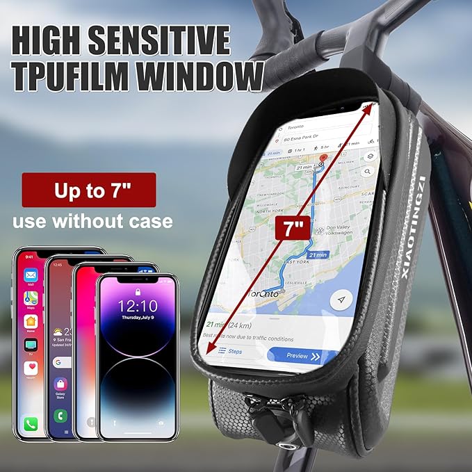 Bike and Bicycle Phone Front Frame Bag, Waterproof, Tube Bag, Cycling Pouch, Bike Accessories for Men Compatible Under 7 Inch and Below Phones