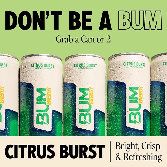 BUM Sugar-Free Energy Drink, Citrus Burst - Lightly Carbonated & No Artificial Colors, Natural Caffeine & Citicoline for Energy & Focus, Brain Boost & Workout Sports Beverage - 12 oz, Pack of 12