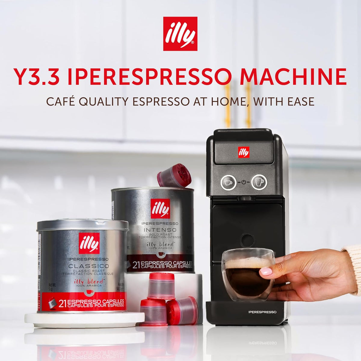 Illy Y3.3 Espresso Machine, Single Serve Coffee Machine for IperEspresso Capsules, Single Cup Espresso Maker (Black)
