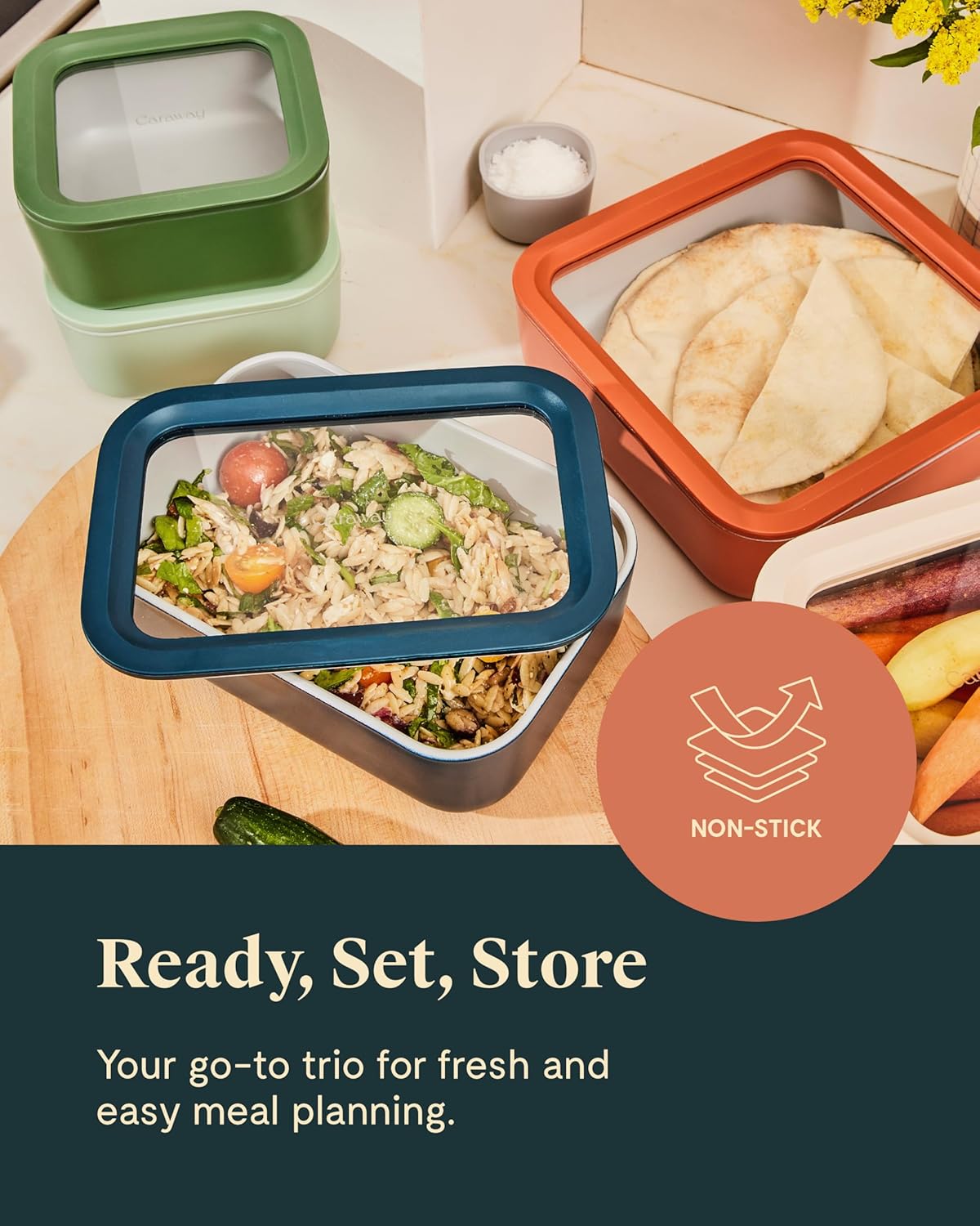 Caraway 3pc Glass Food Storage Set – 10 Cup, 6.6 Cup, & 4.4 Cup Food Containers - Ceramic Coated - Non Toxic Non Stick Lunch Box with Glass Lids - Dishwasher, Oven, & Microwave Safe - Mist