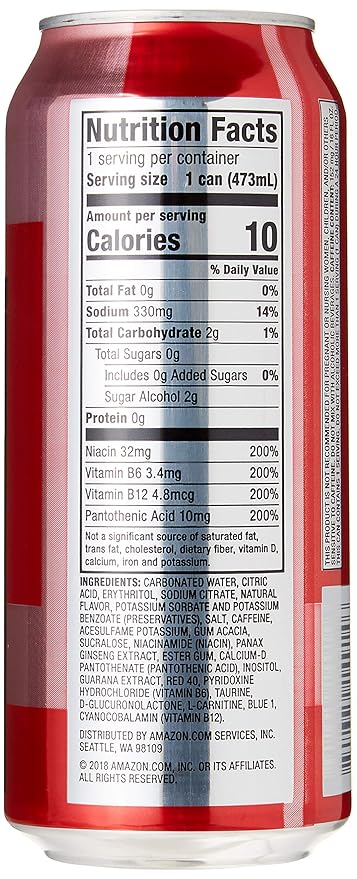 Amazon Brand - Solimo Red Energy Drink, Sugar-Free, Vegan, Low-Calorie, 16 fl oz (Pack of 12)